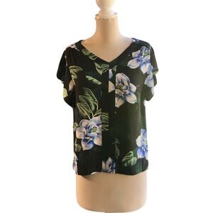 Philosophy Republic Floral V-Neck Blouse Blue Magnolia Print Short Sleeve Top XS